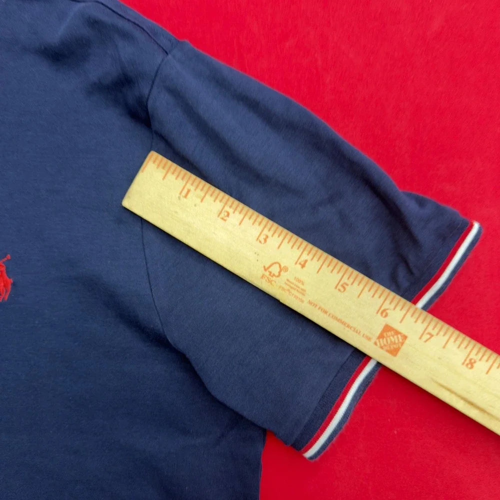 VTG Polo Ralph Lauren Mens Navy Blue Striped Trim Polo Shirt Red Pony Logo Large